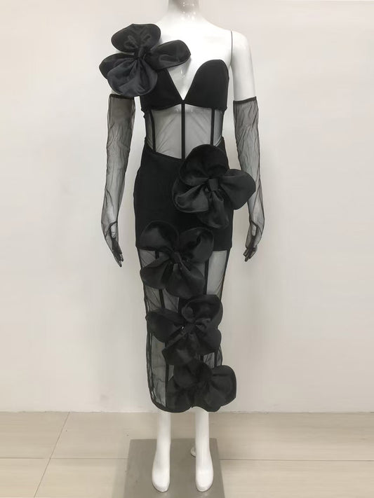 Off Shoulder Mesh Patchwork Backless Midi Dress