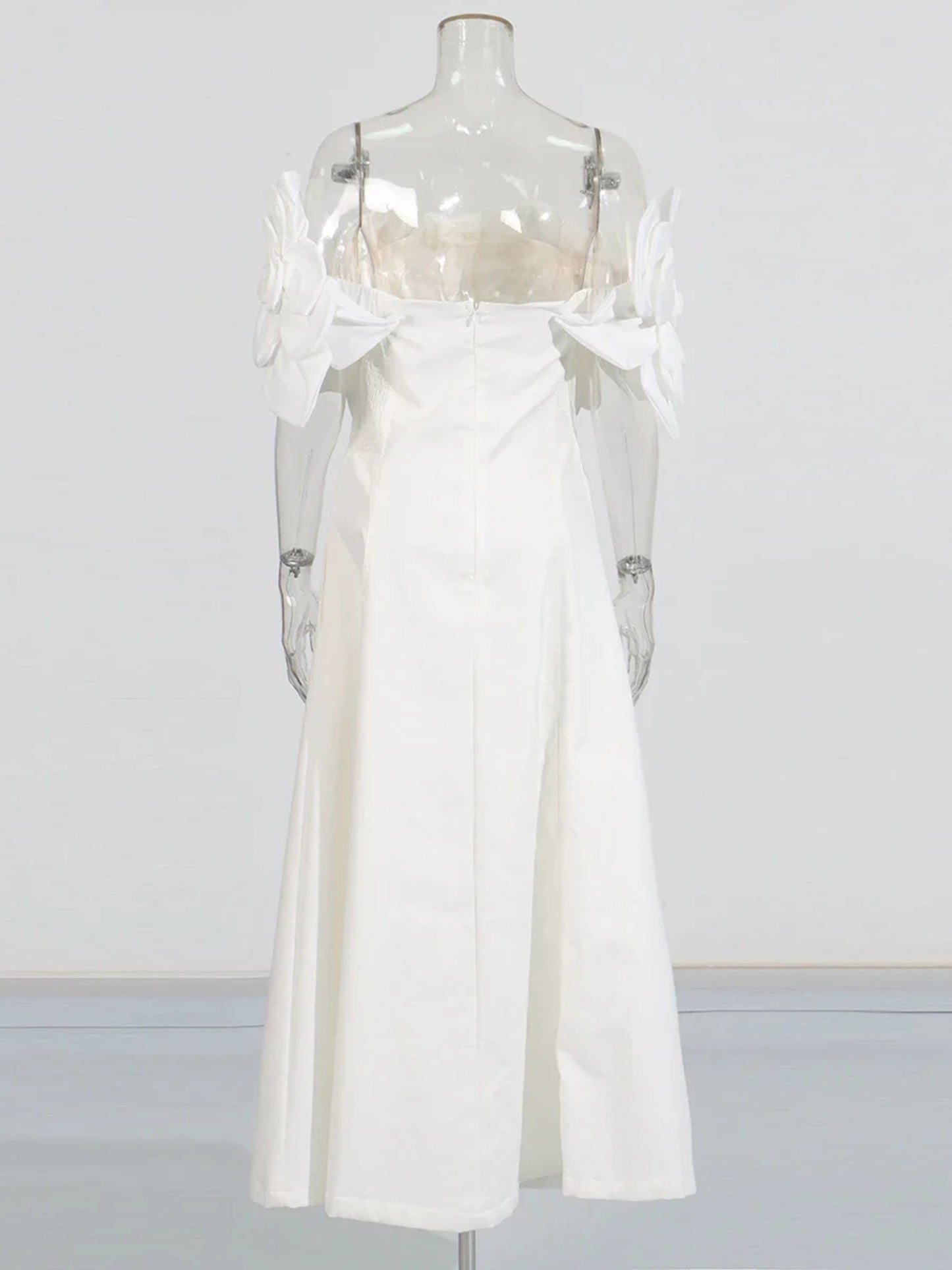 Elegant White Off - Shoulder Floral Applique Maxi Dress.
