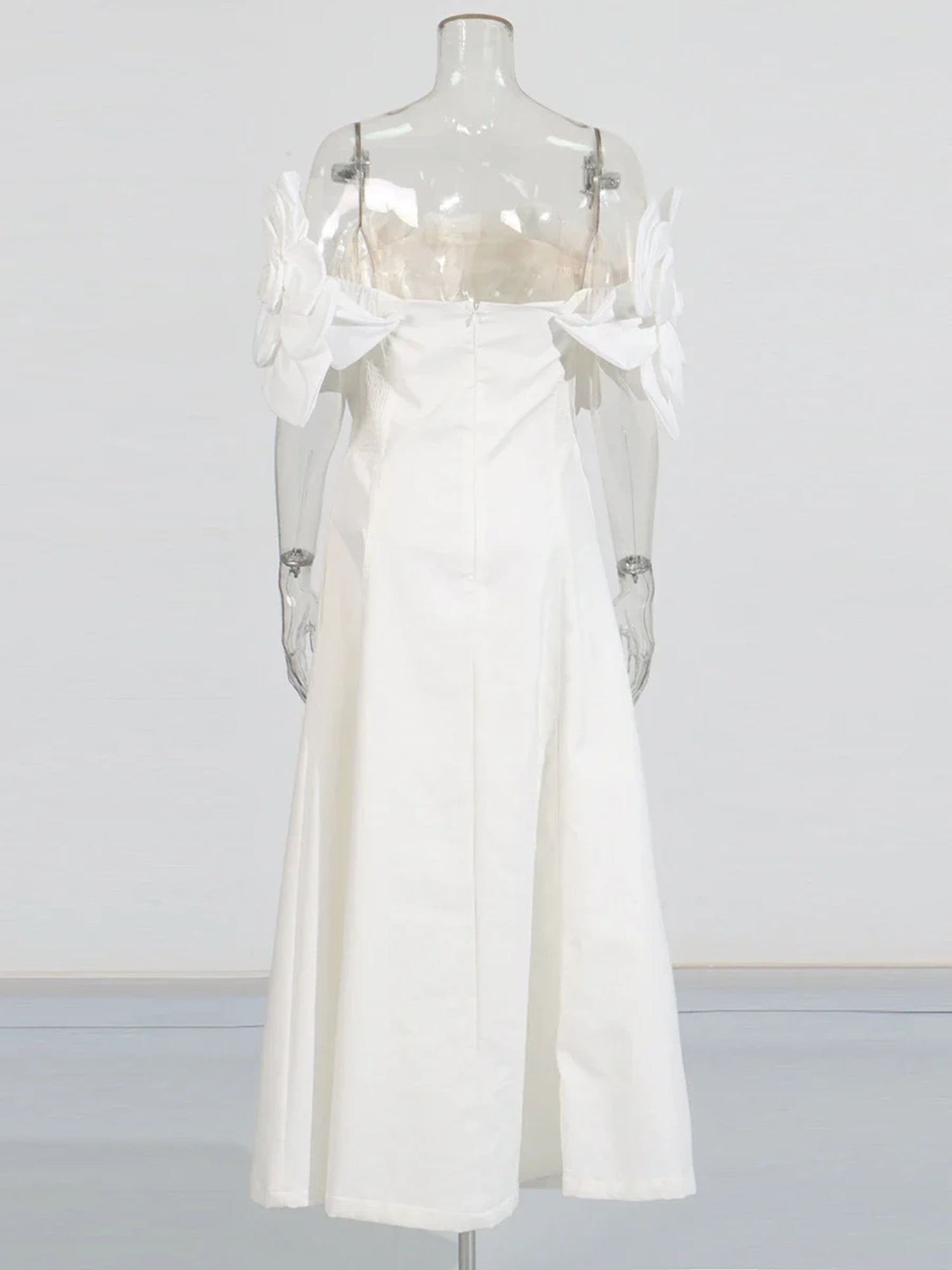 Elegant White Off - Shoulder Floral Applique Maxi Dress.
