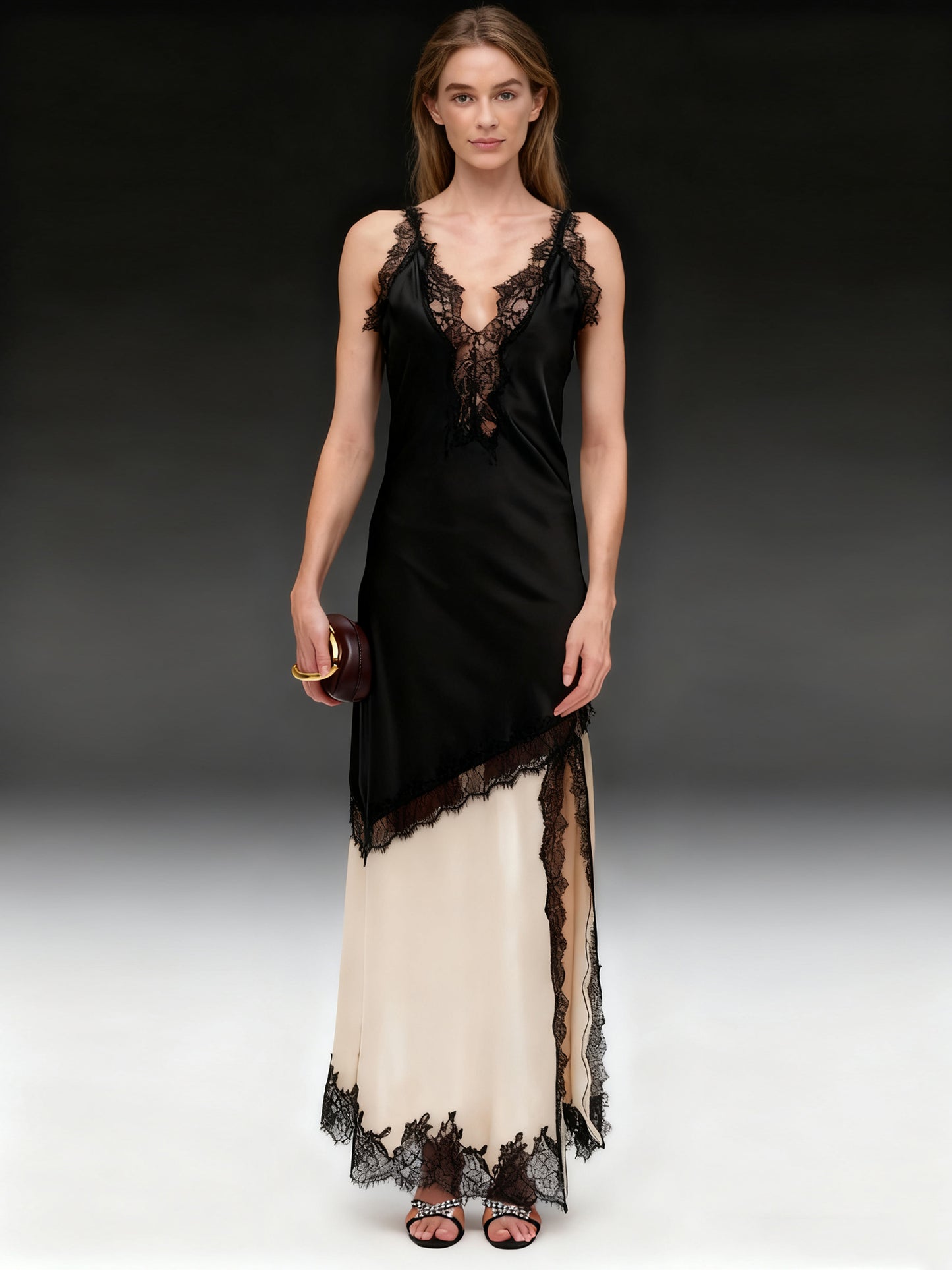 Chic Black and Cream Contrast Lace Maxi Dress
