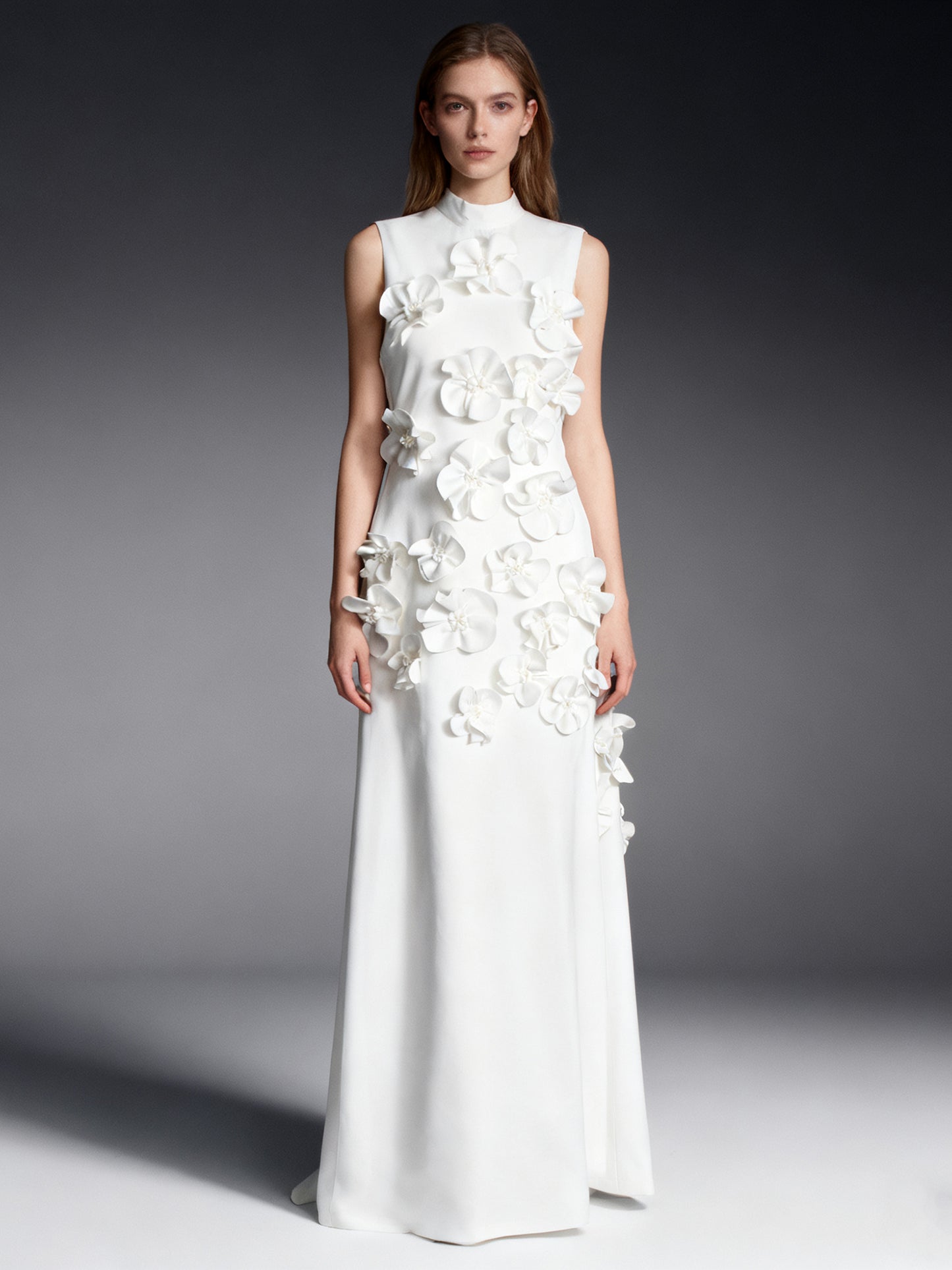 Elegant White Maxi Dress with 3D Floral Appliqués