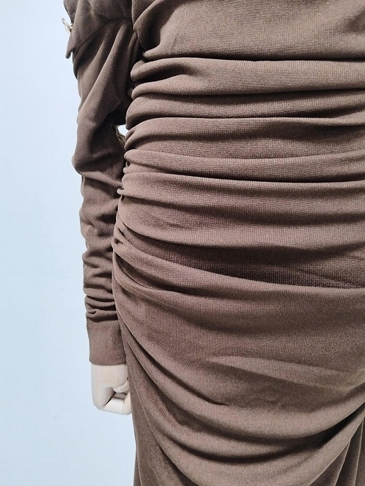 Brown Off-Shoulder Ruched Slit Maxi Dress