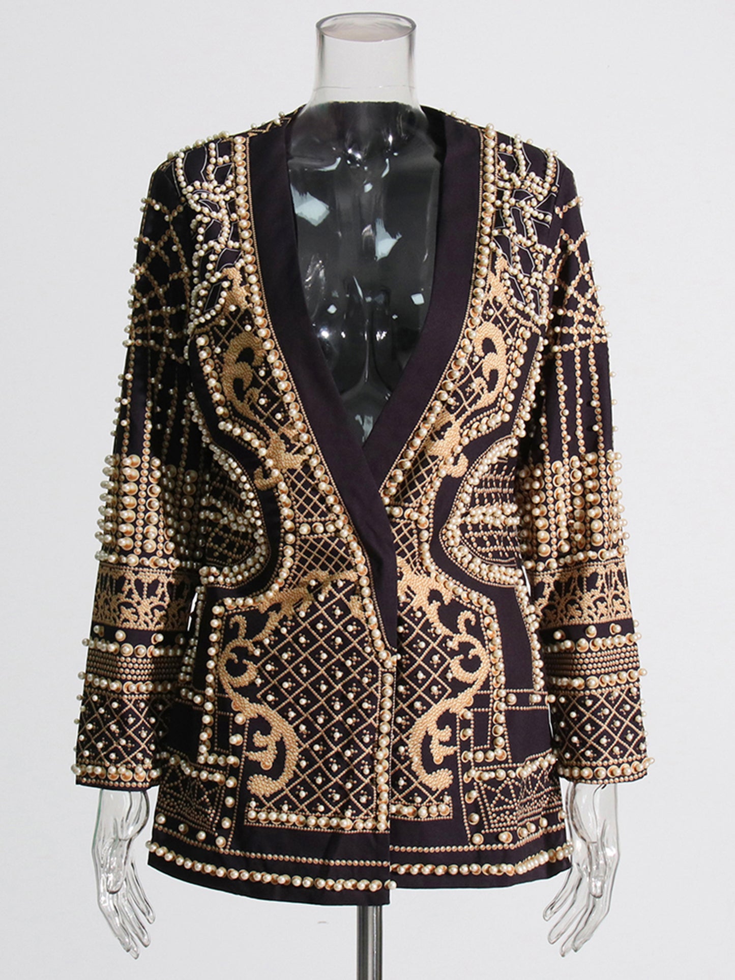 Luxurious Black Blazer with Gold and Pearl Embellishments