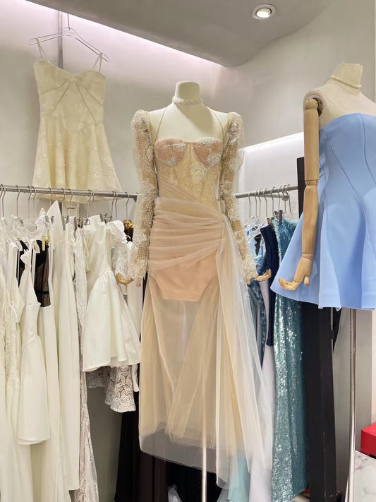 Elegant Mesh Square Collar Long Dress