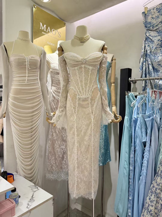 Solid Elegant Patchwork Pearls Midi Dress