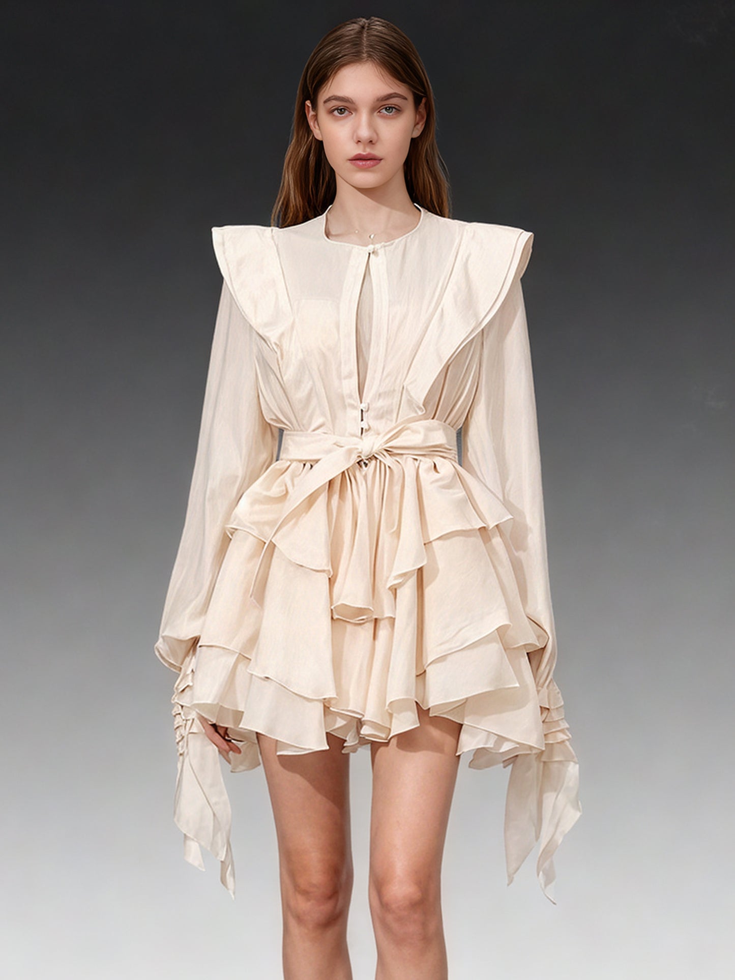 Romantic Apricot Ruffled Tiered Mini Dress with Belt