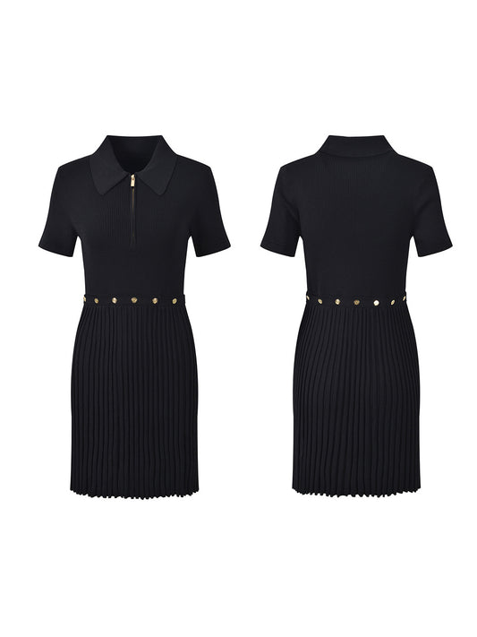 Pleated Solid Lapel Short Dress