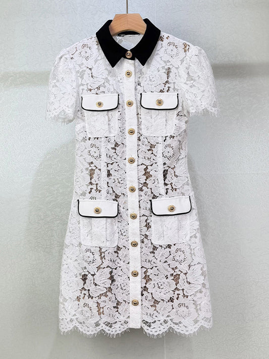 Hit Color Lace Short Dress