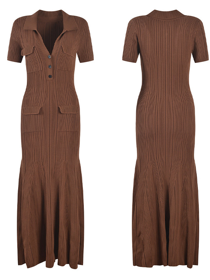 V-neck Knit Solid Long Dress
