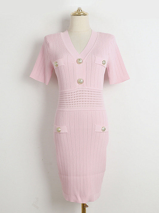 Solid V-neck Knit Short Dress