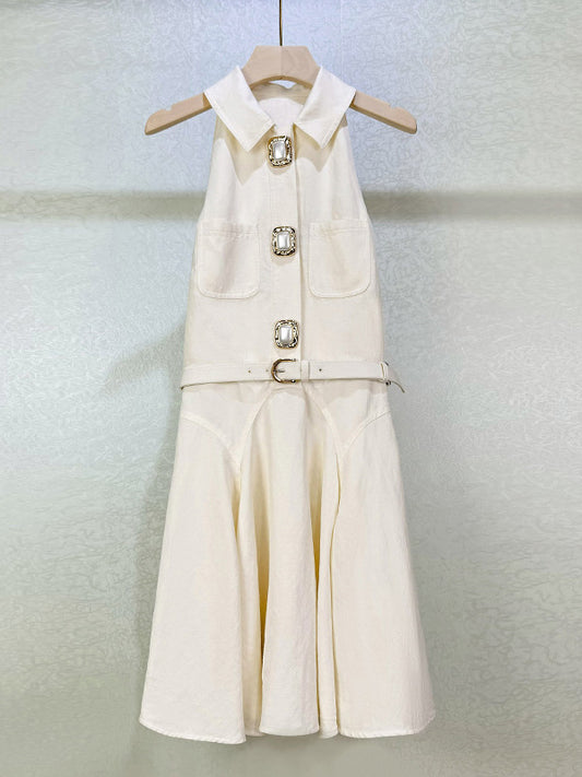 Solid Belt Sleeveless Short Dress