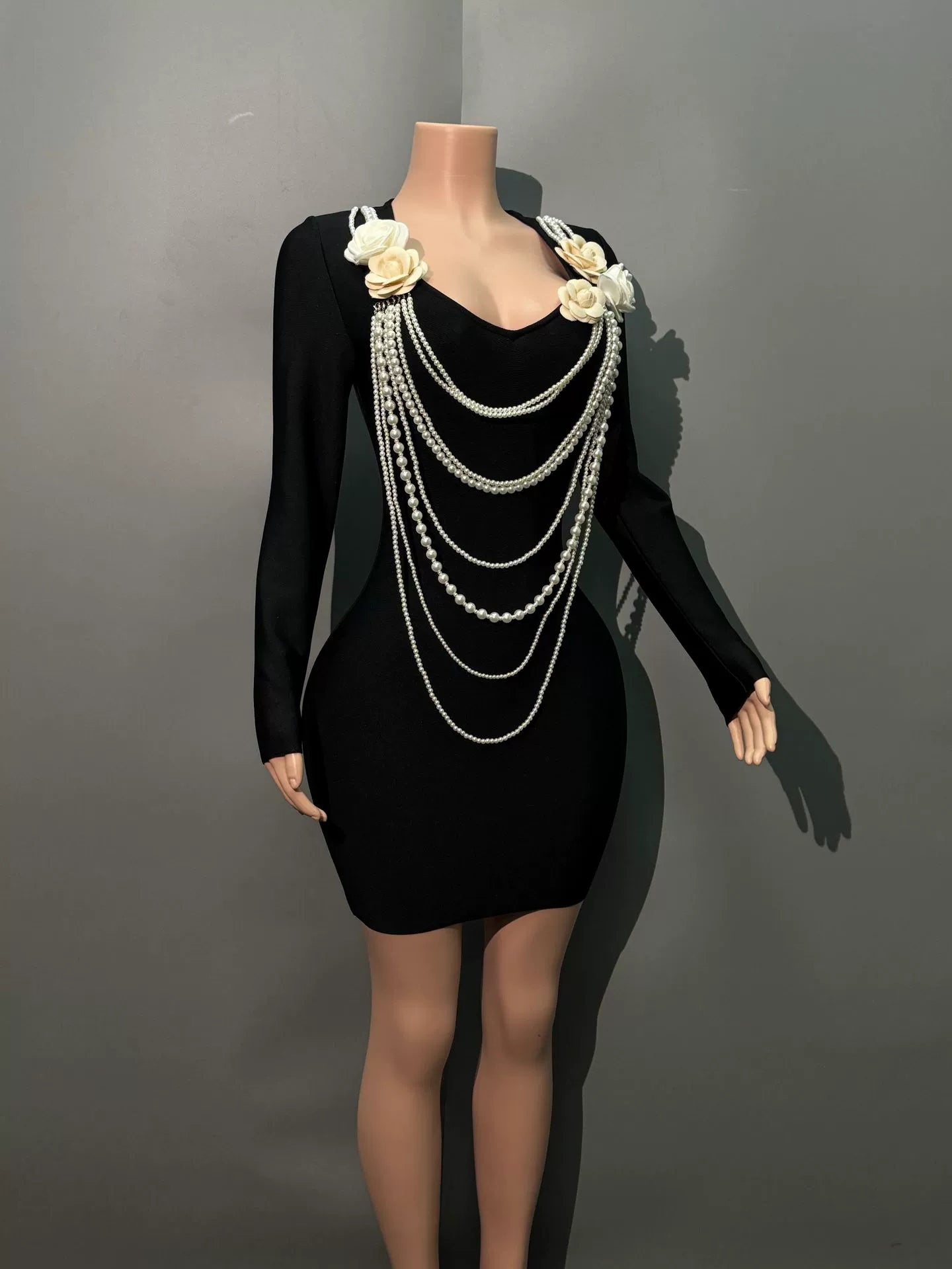 Patchwork Pearls Flower Short Dress
