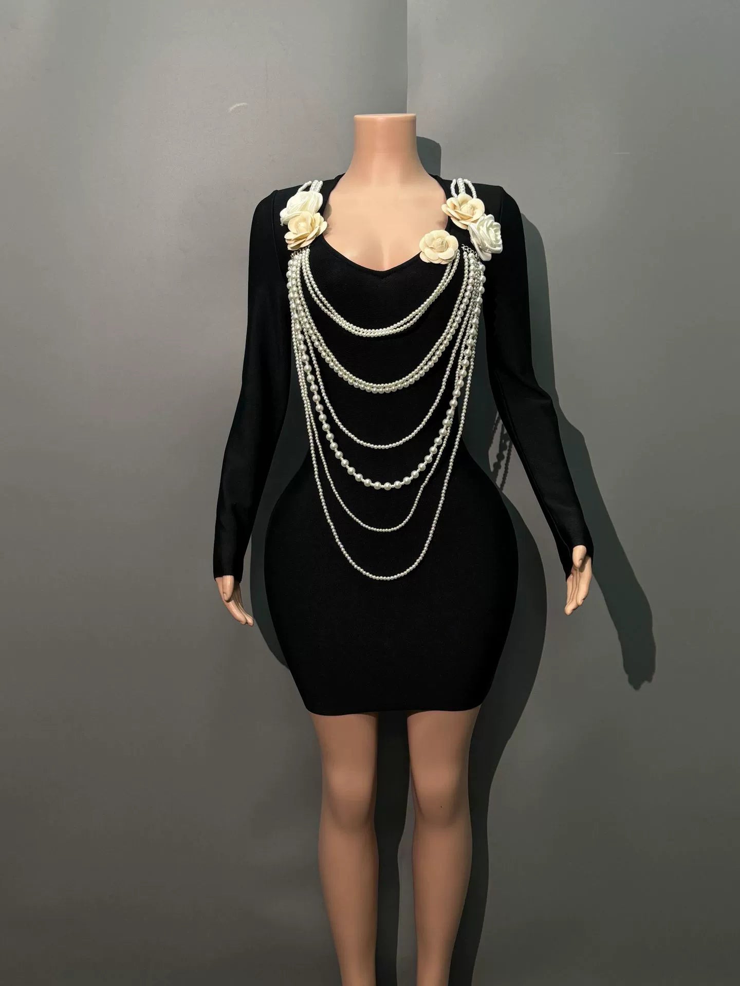 Patchwork Pearls Flower Short Dress