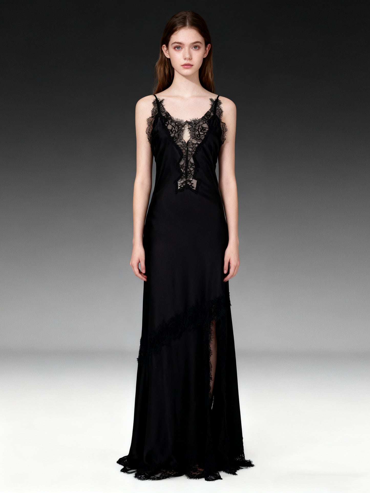 Glamorous Black Satin Maxi Dress with Lace Details