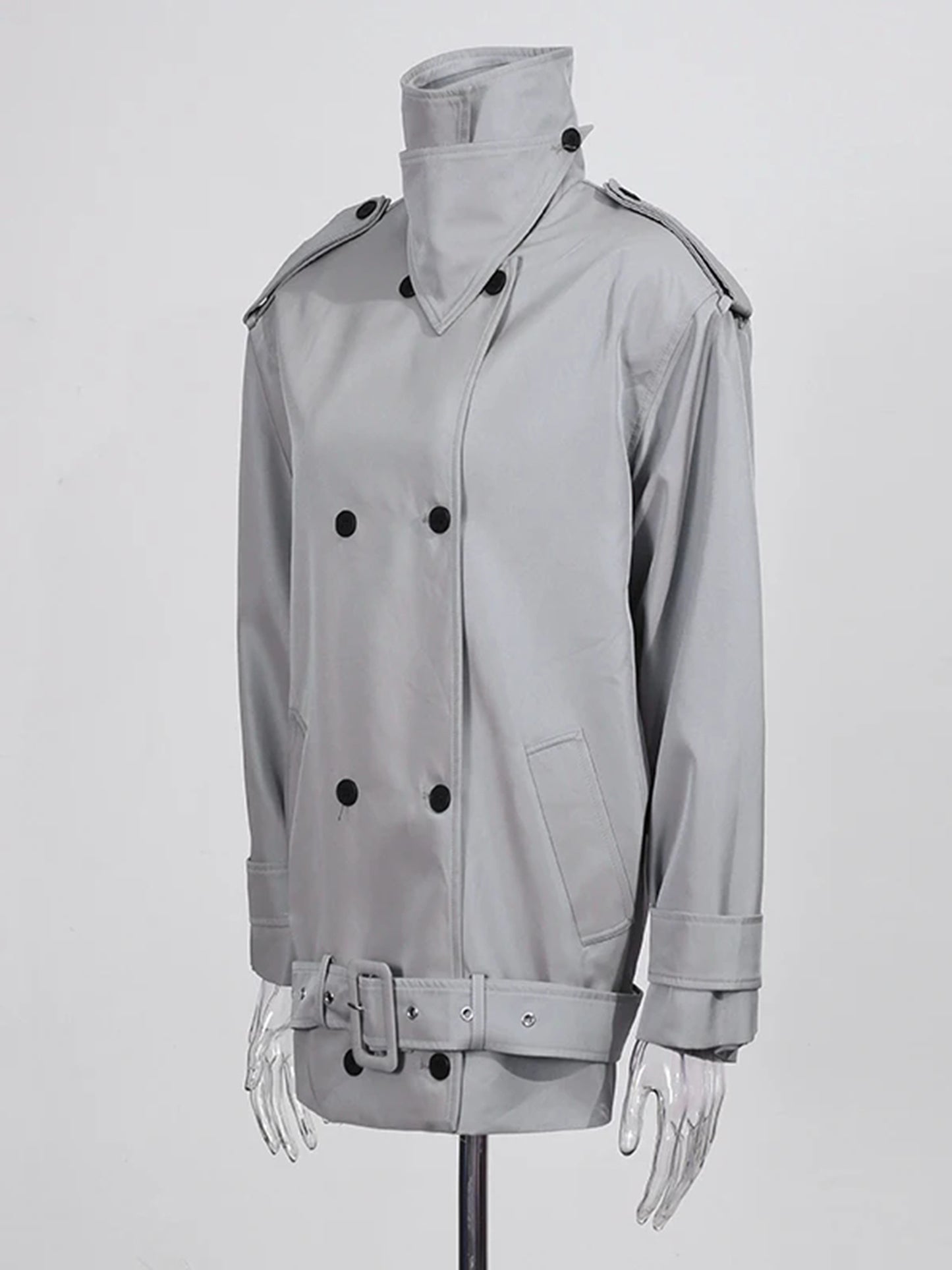 Modern Gray Double - Breasted Trench Coat with Belt.