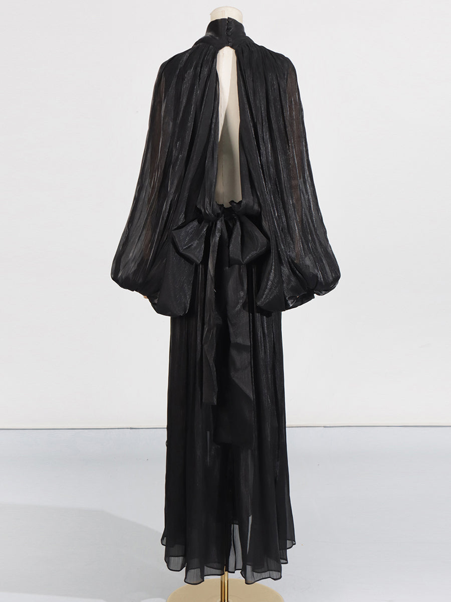Elegant Solid Pleated Long Dress