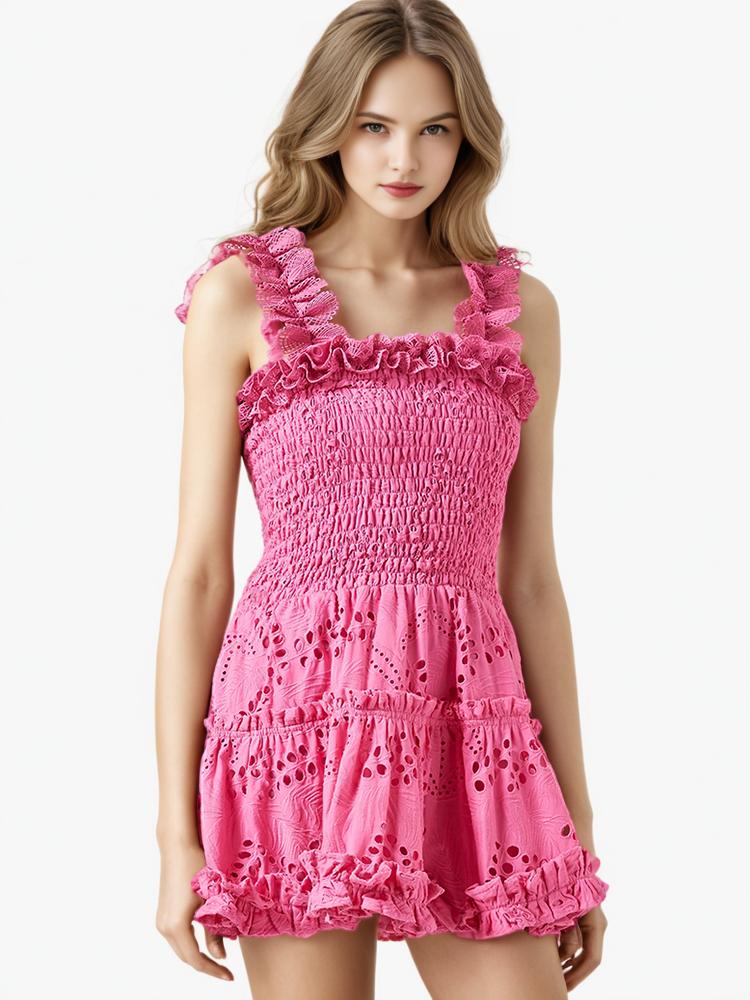 Solid Hollow Out Patchwork Ruffle Dress
