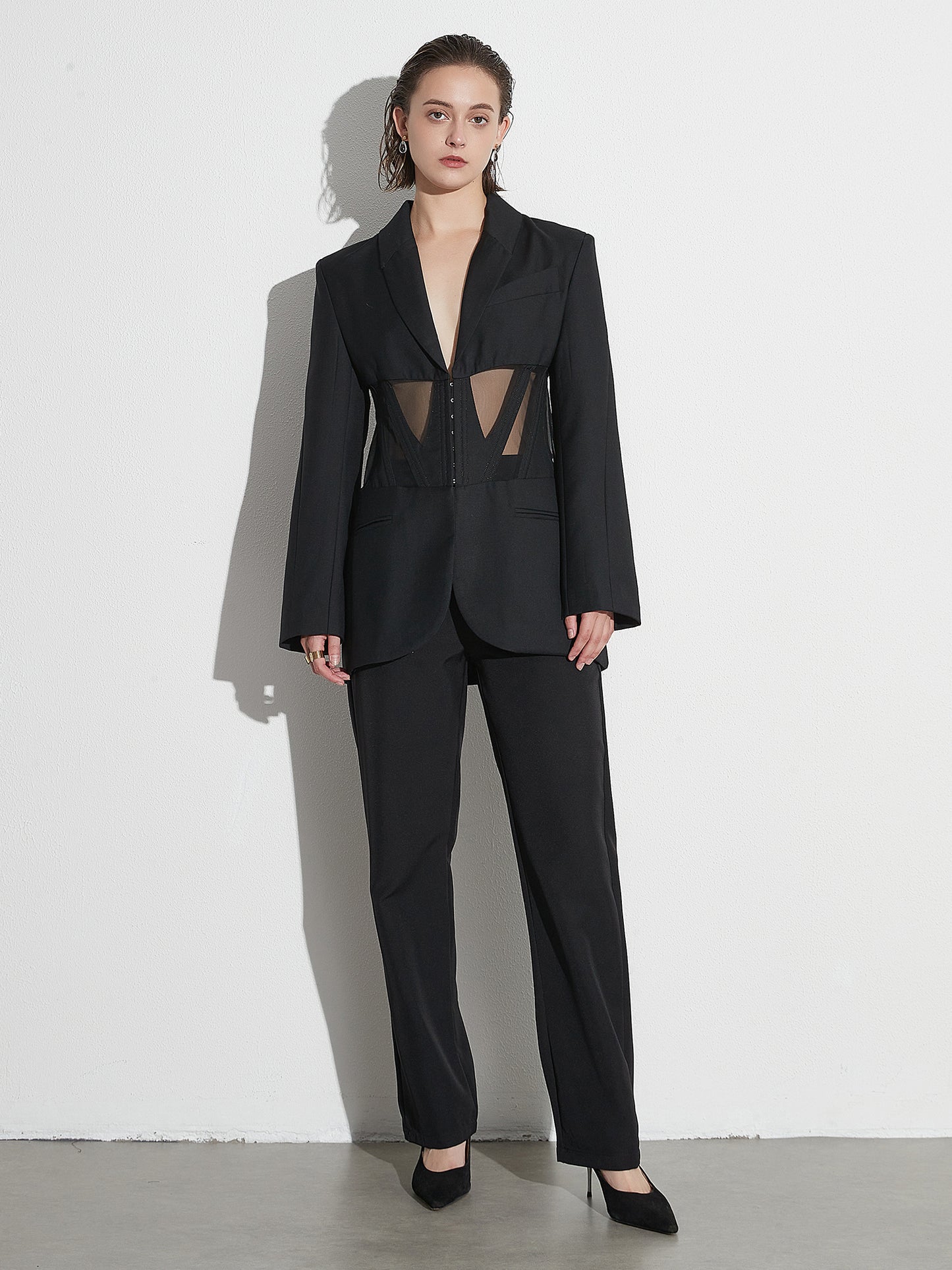 Avant - Garde Black Blazer with Sheer Corset Detail.