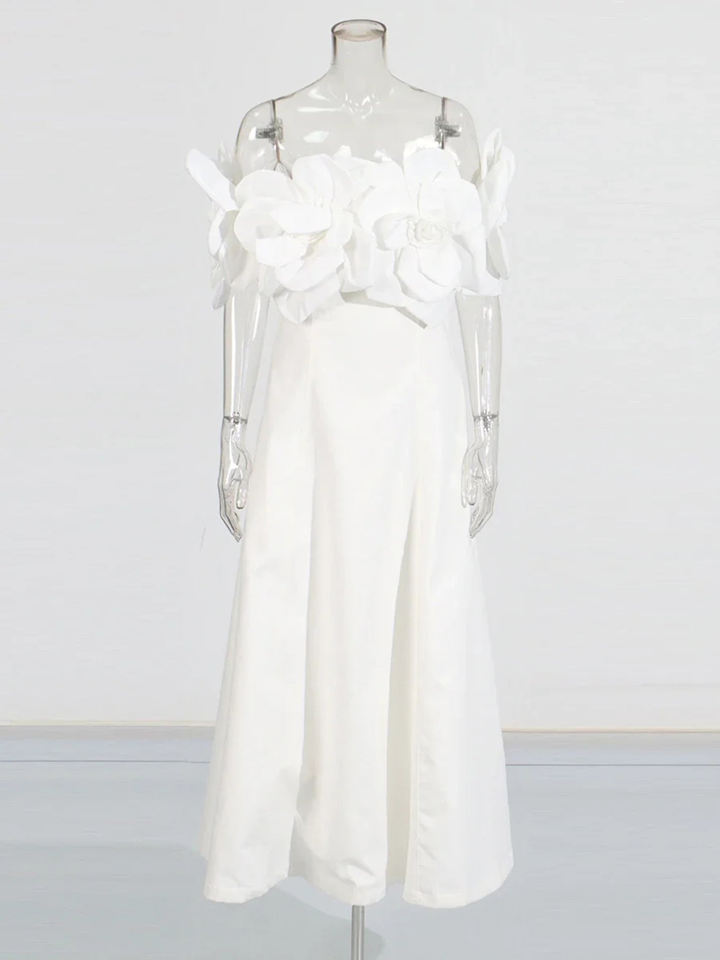 Elegant White Off - Shoulder Floral Applique Maxi Dress.