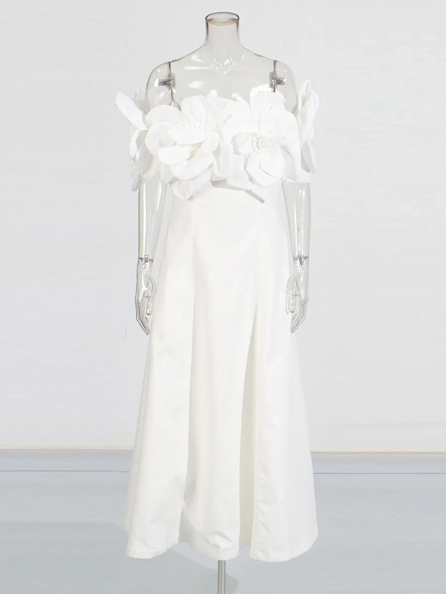 Elegant White Off - Shoulder Floral Applique Maxi Dress.