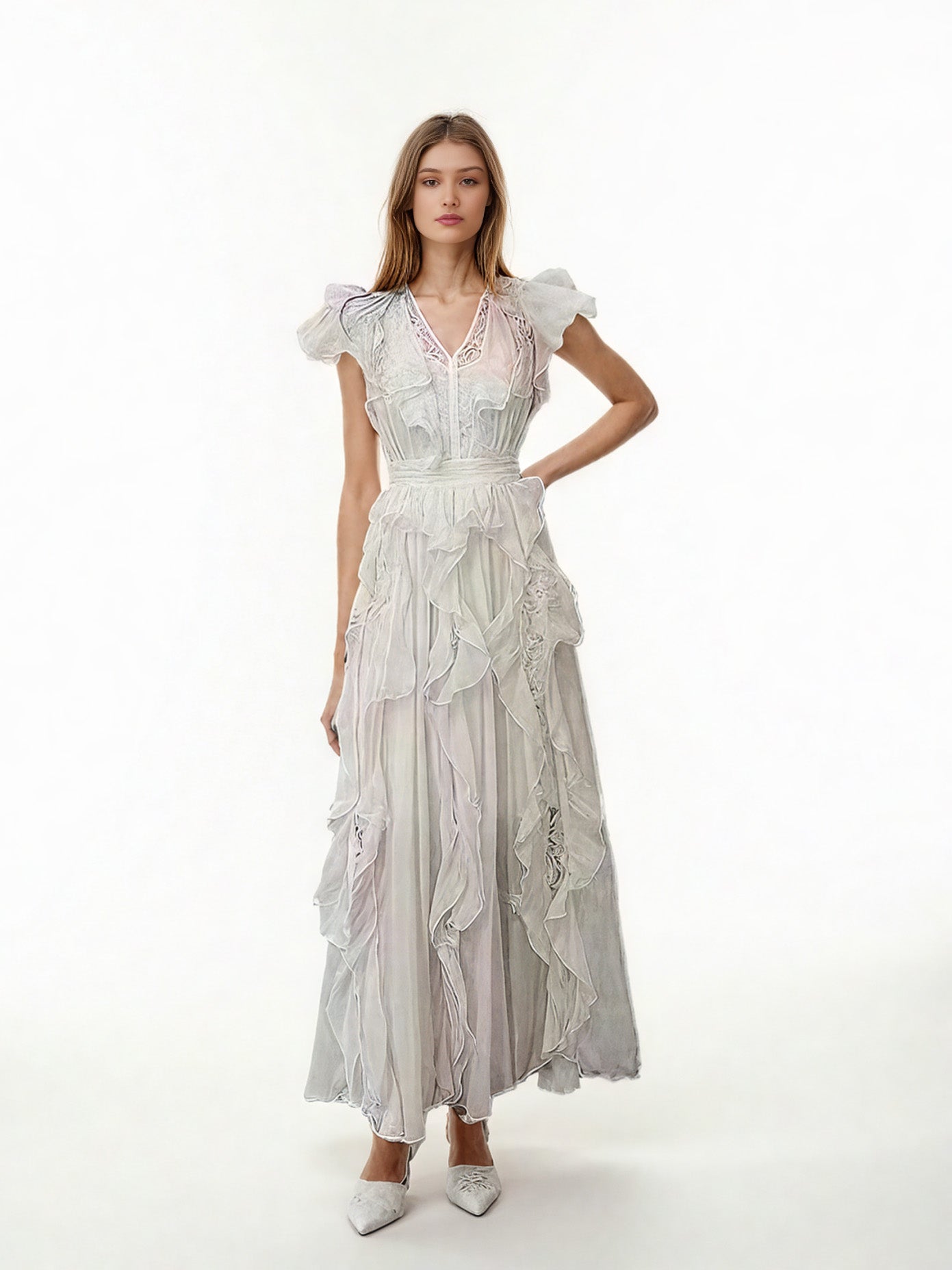 Elegant Patchwork Ruffles V-neck Mesh Midi Dress
