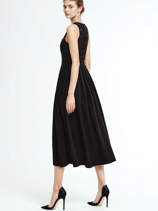 Temperament Solid Patchwork Pearls Midi Dress