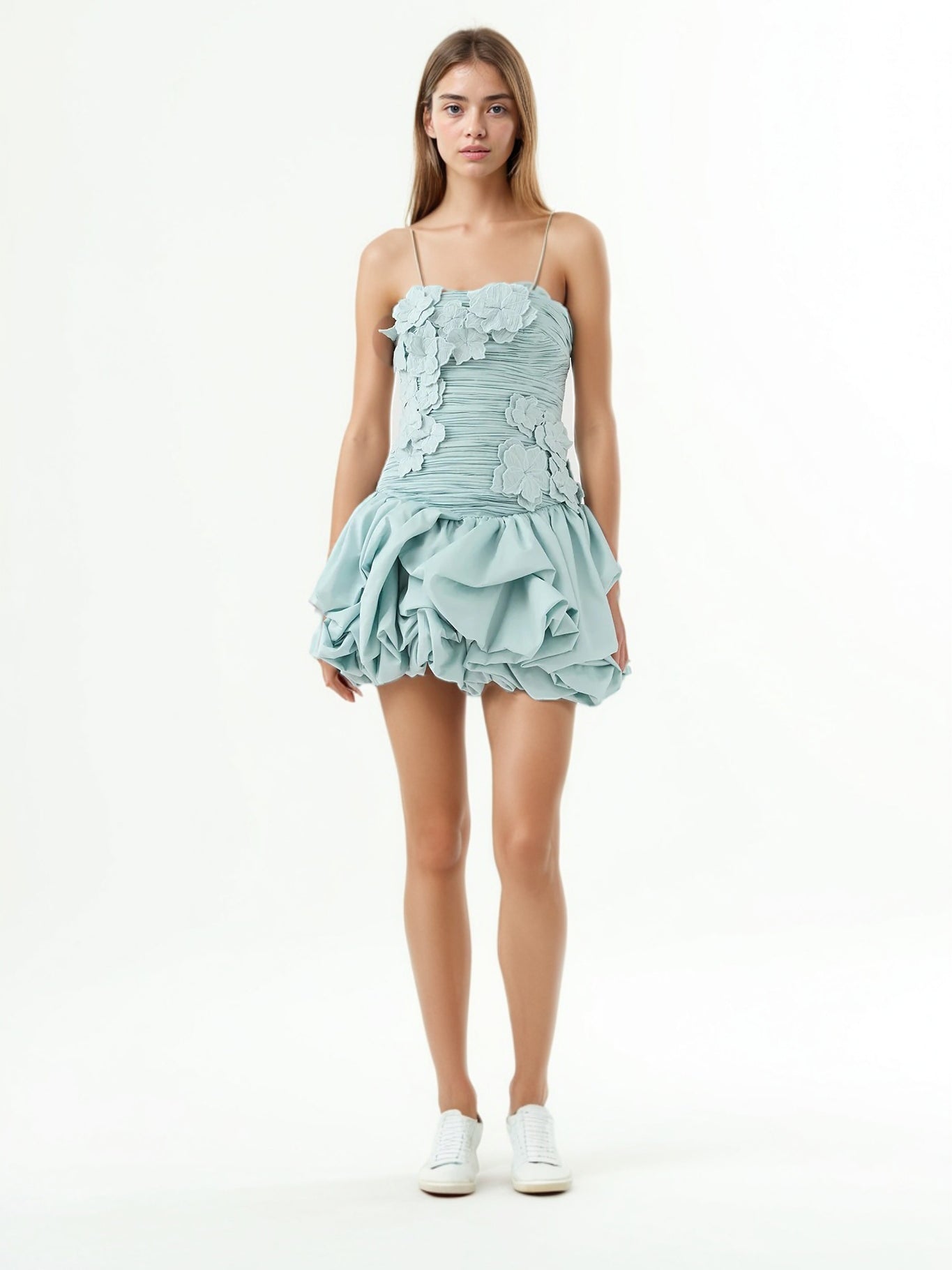 Pleated Patchwork Flower Short Dress