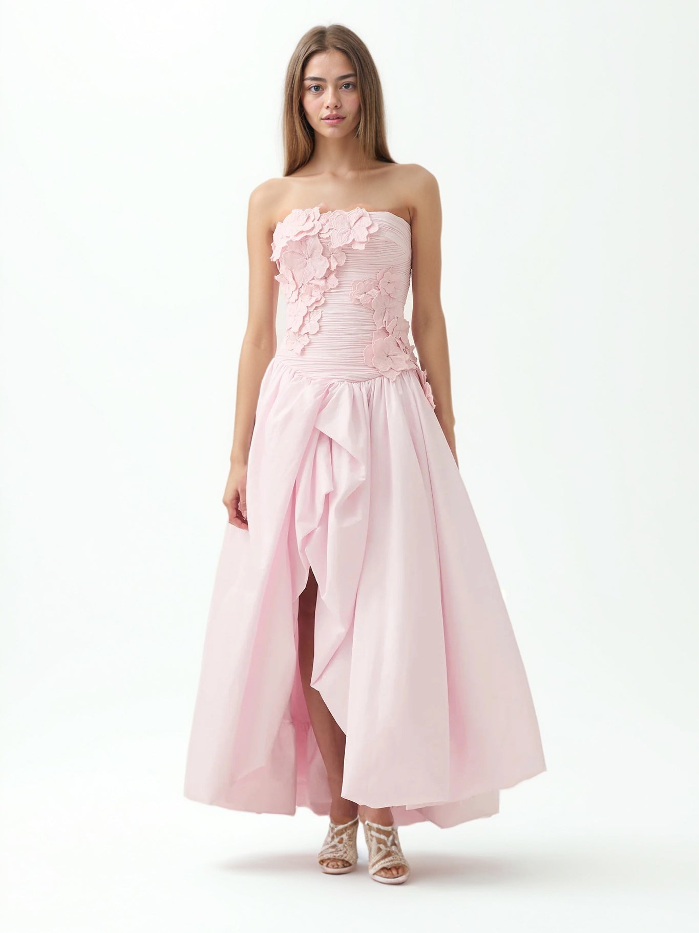 Pleated Patchwork Flower Long Dress