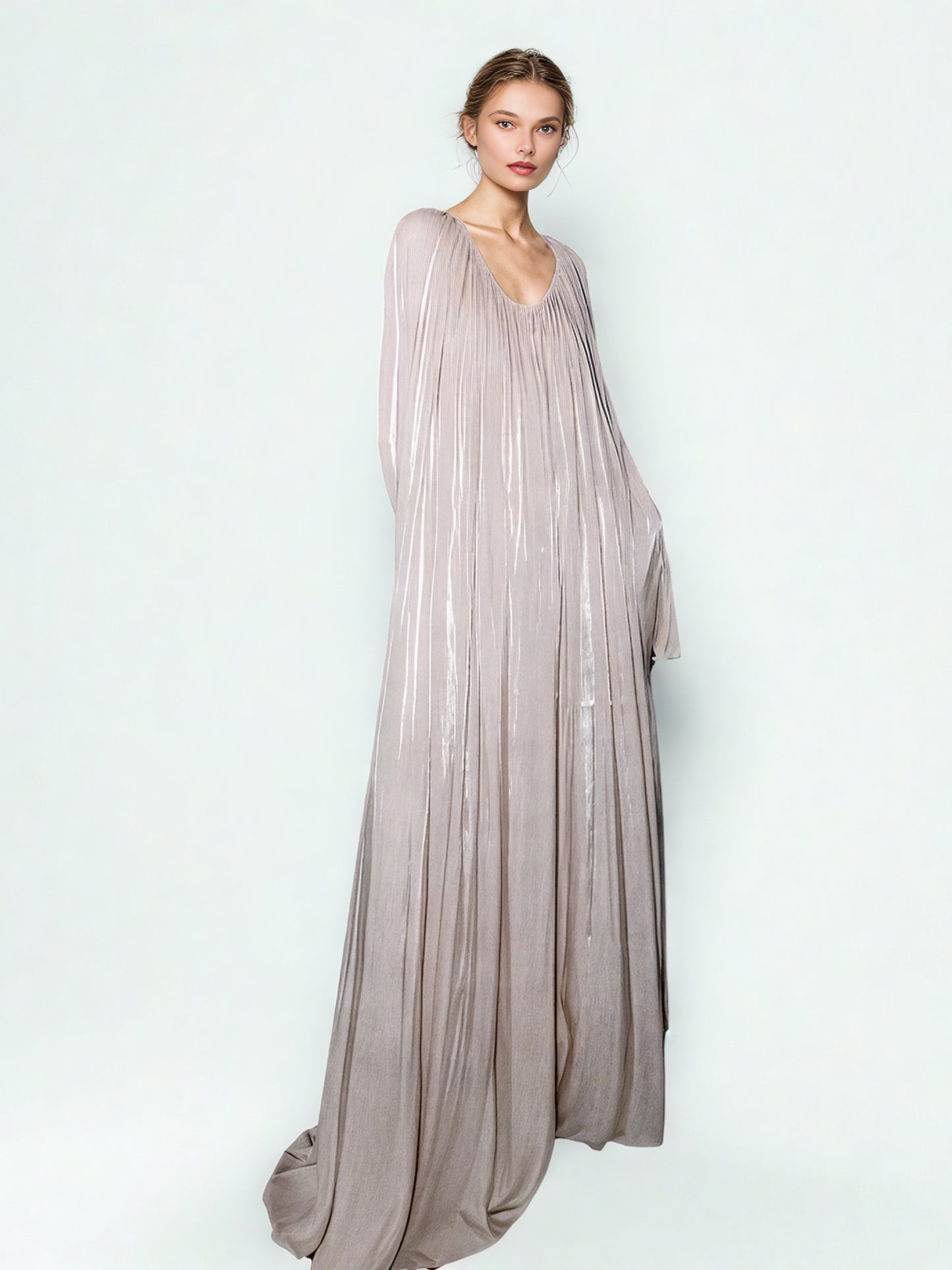 Pleated Solid Elegant Long Dress
