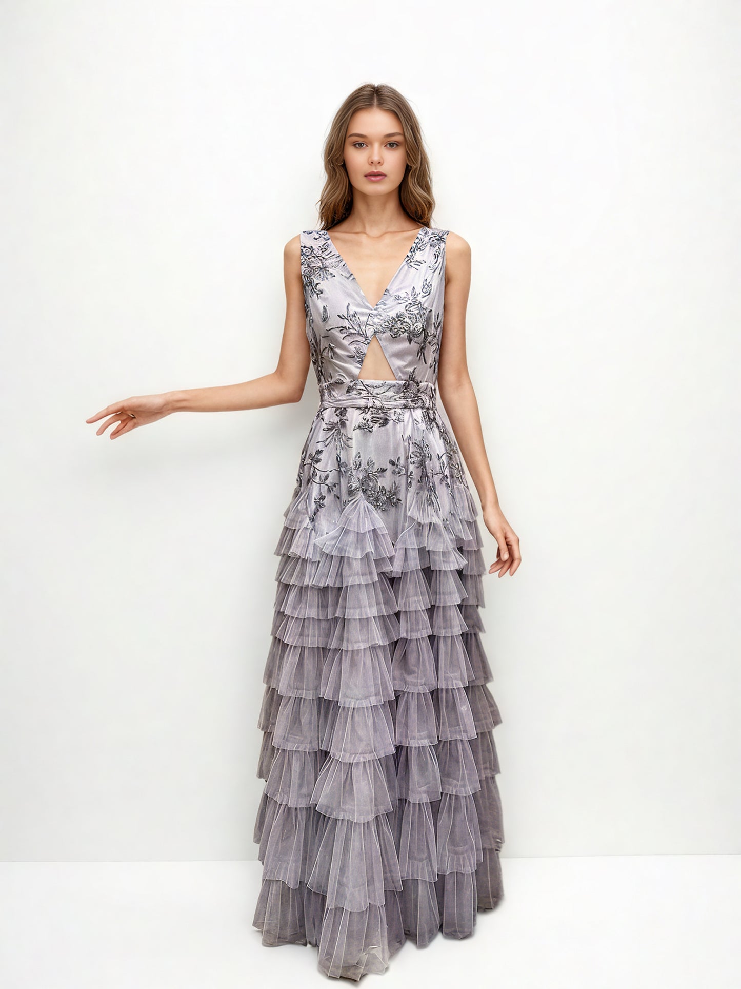 V-neck Sleeveless Mesh Long Dress
