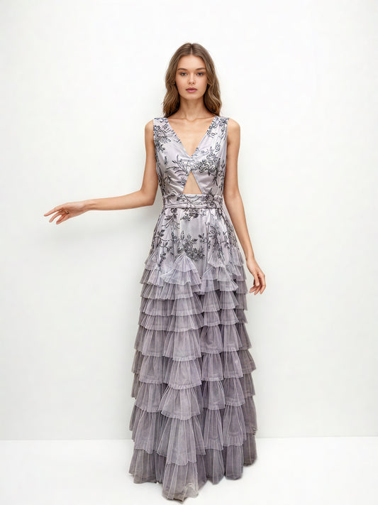 V-neck Sleeveless Mesh Long Dress