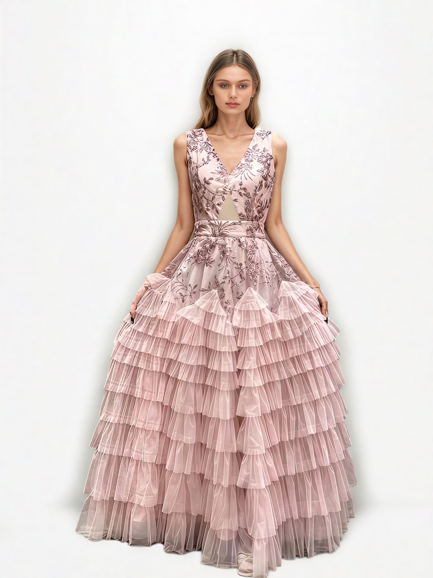 V-neck Sleeveless Mesh Long Dress