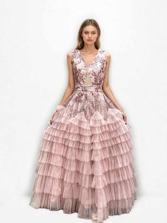 V-neck Sleeveless Mesh Long Dress