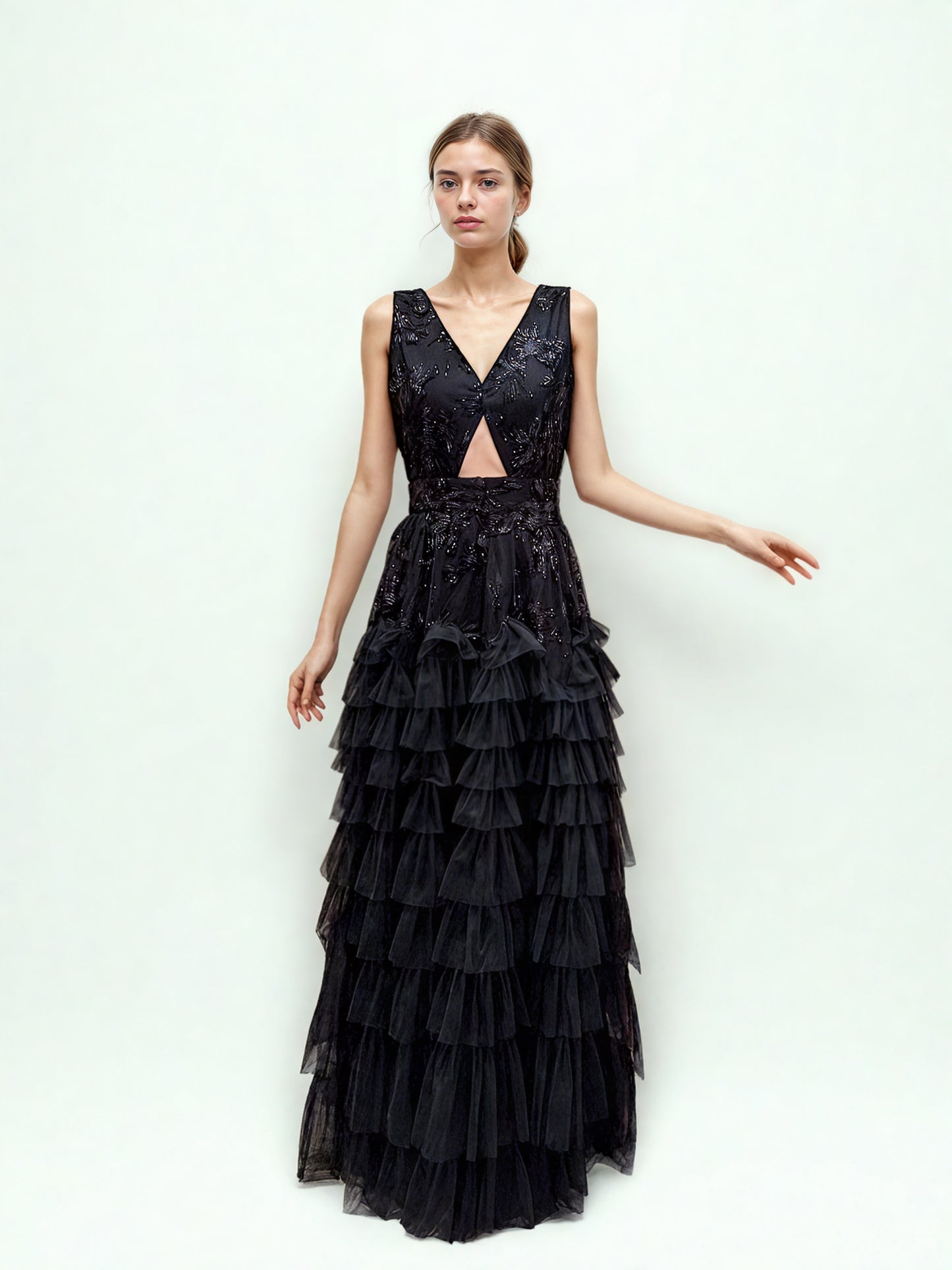 V-neck Sleeveless Mesh Long Dress