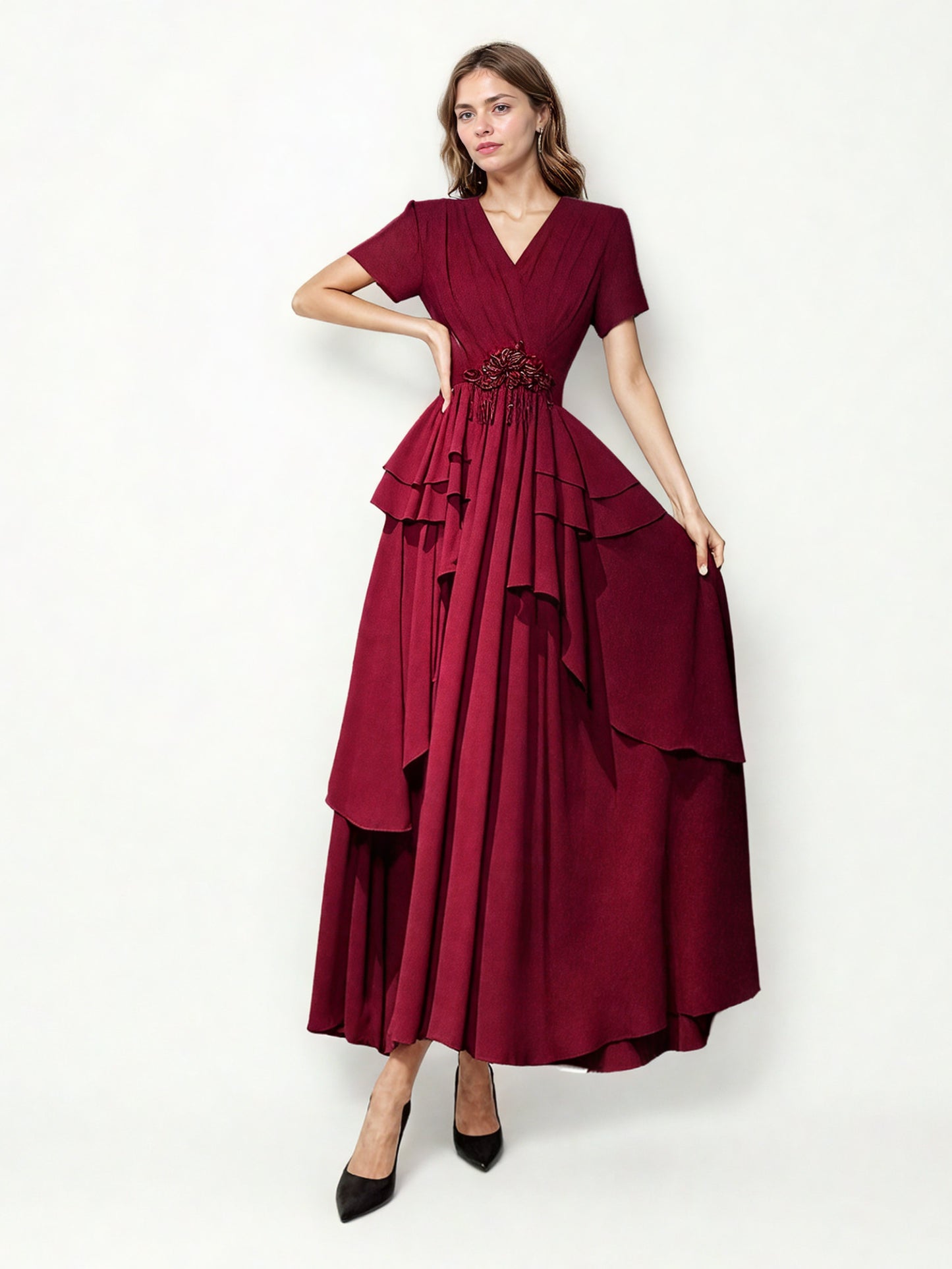 Elegant V-neck Patchwork Long Dress