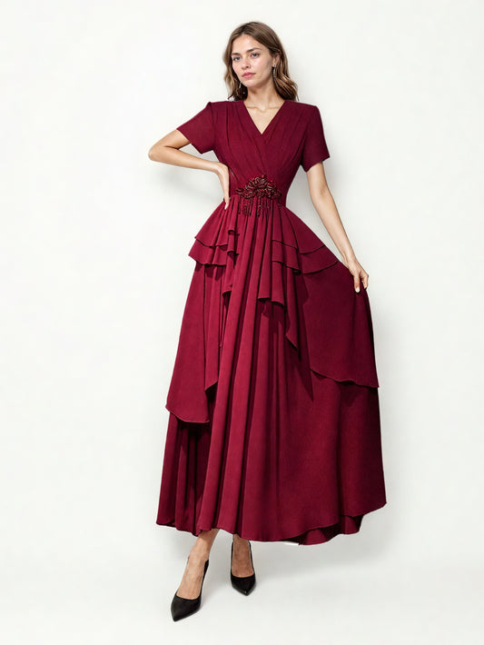 Elegant V-neck Patchwork Long Dress