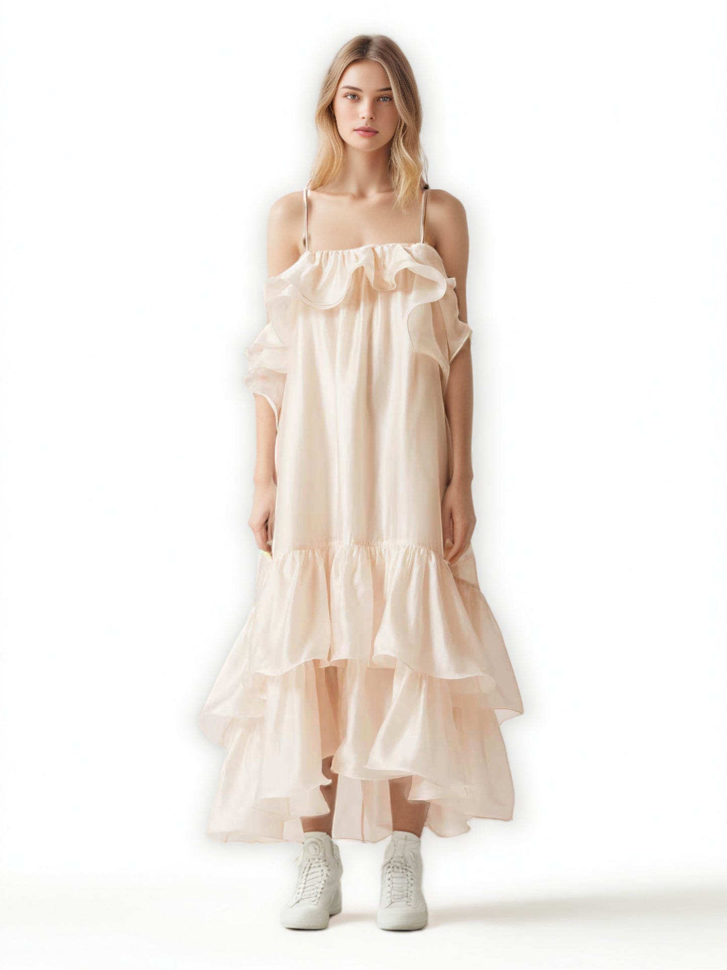 Solid Ruffles Strap Long Dress