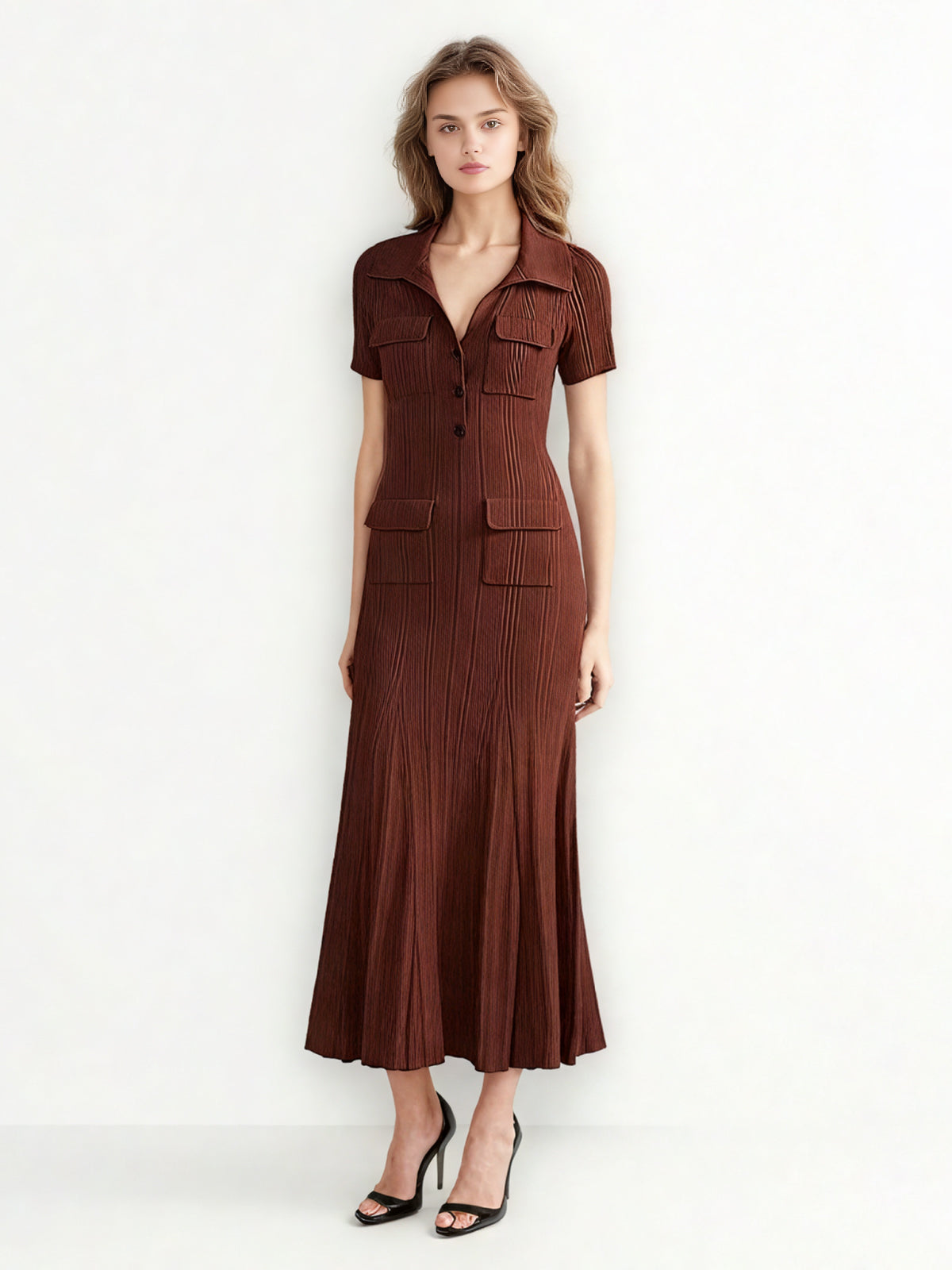 V-neck Knit Solid Long Dress
