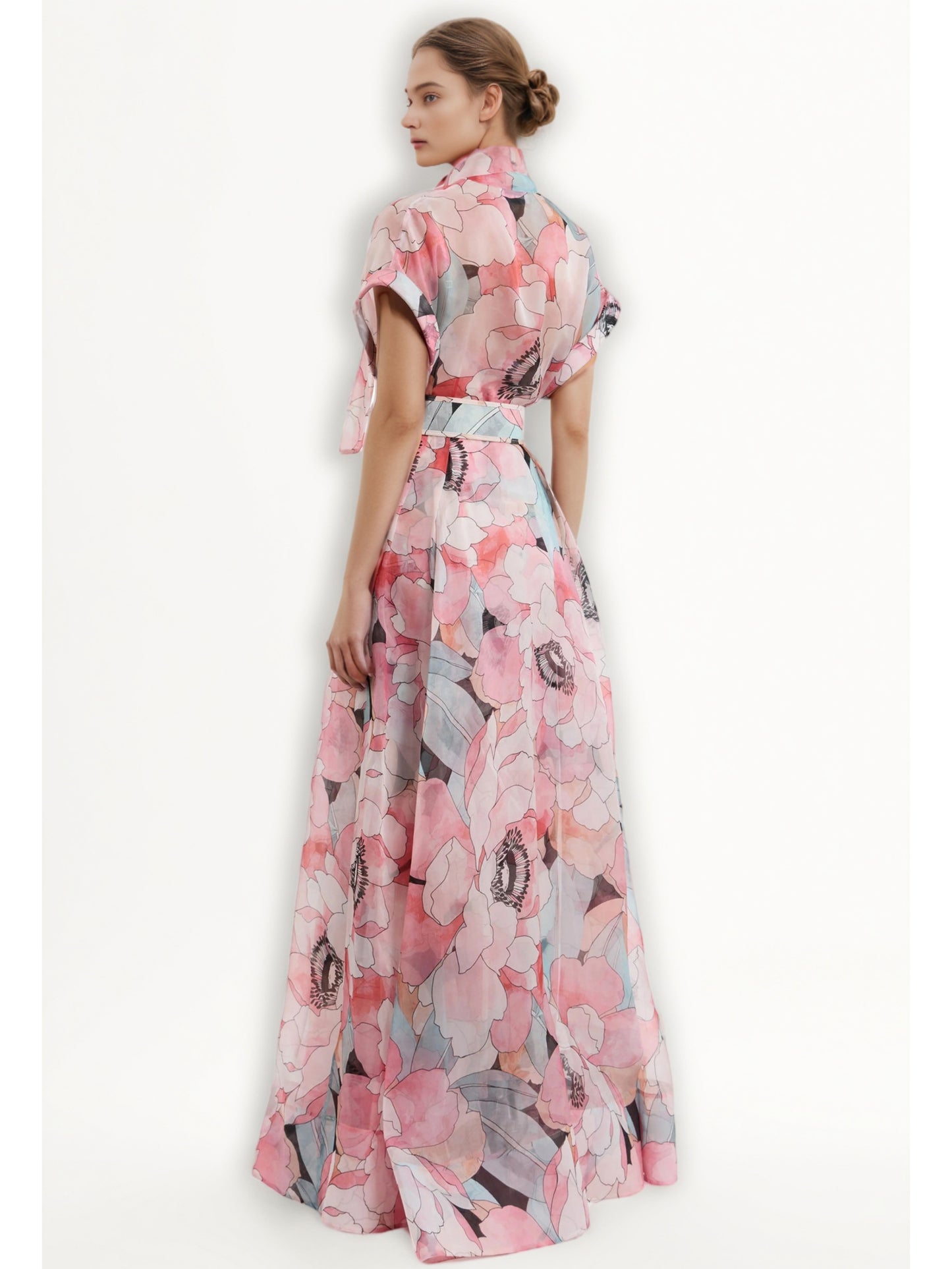 Print Belt Pleated Long Dress