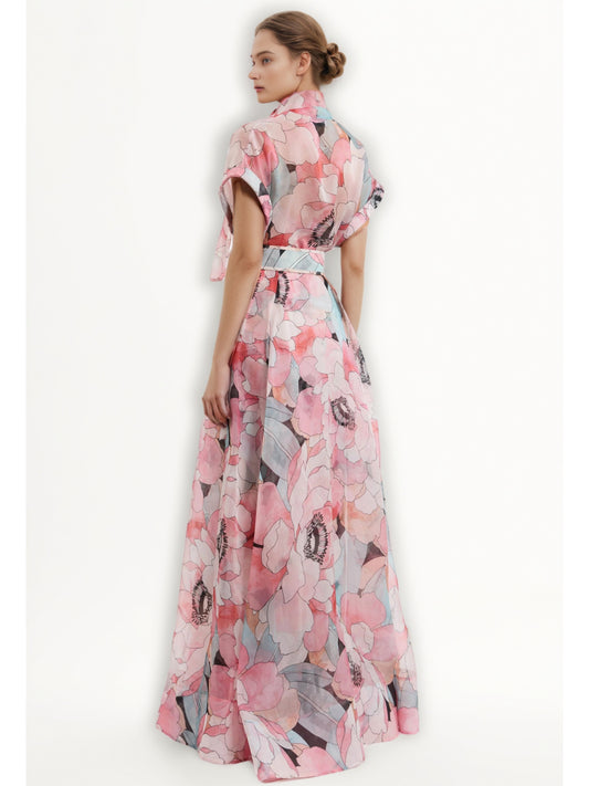 Print Belt Pleated Long Dress