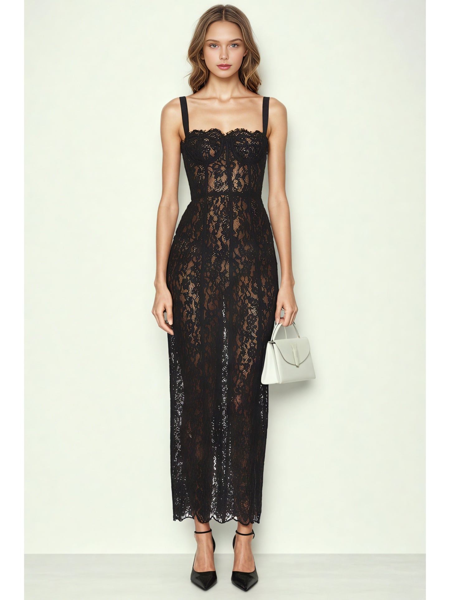 Solid Patchwork Lace Strap Long Dress