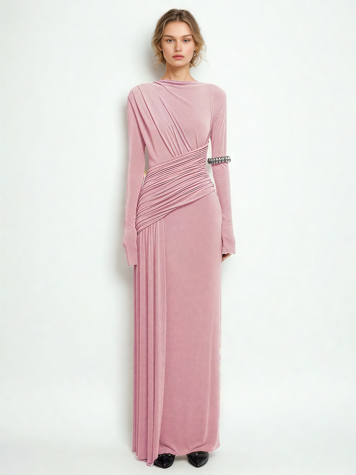 Elegant Solid Pleated Long Dress