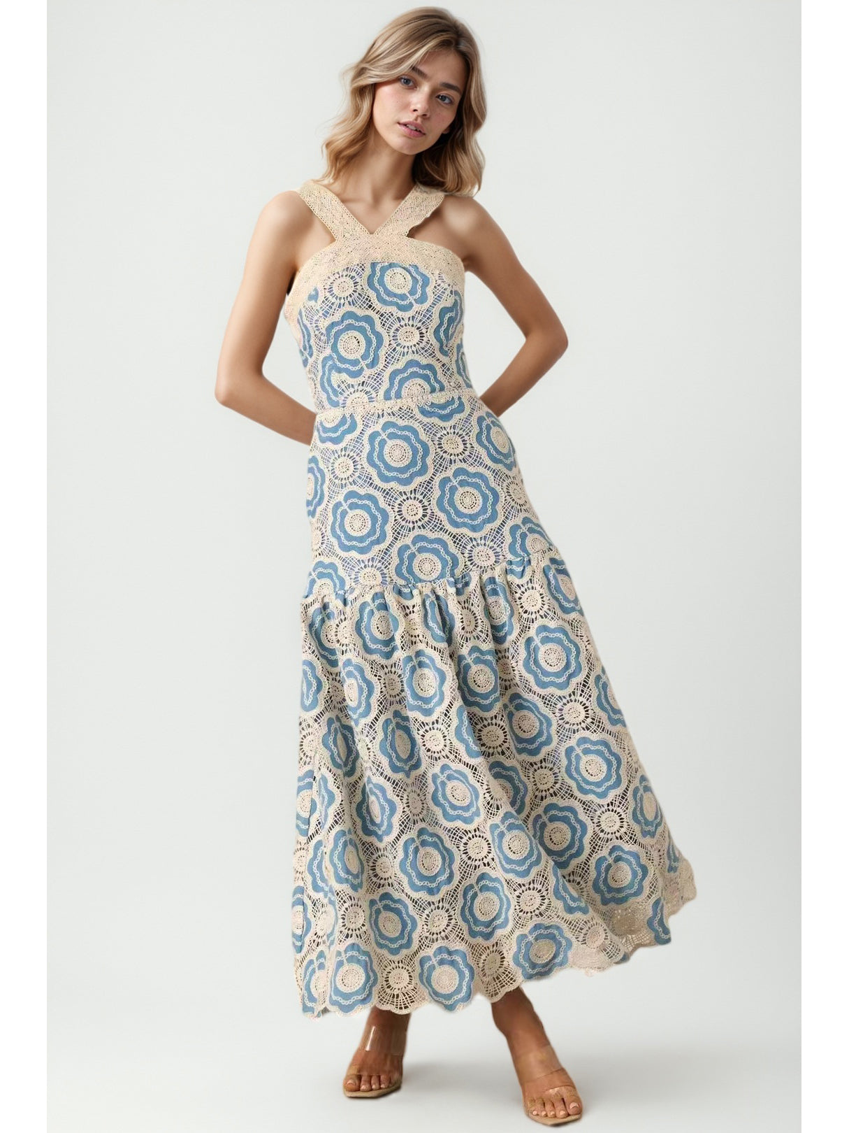 Elegant Patchwork Strap Long Dress