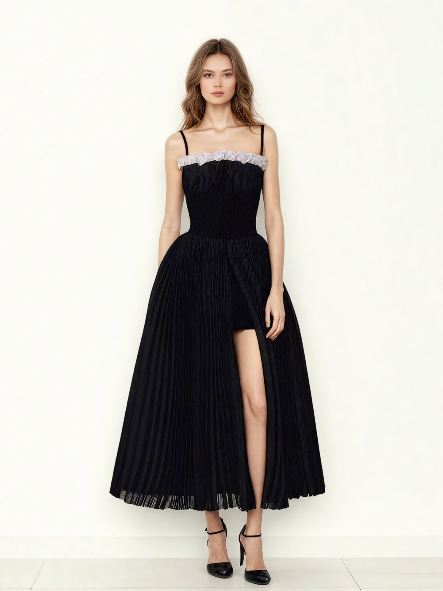 Patchwork Strap Pleated Long Dress