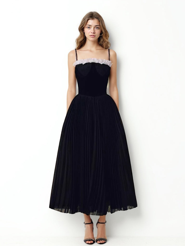Patchwork Strap Pleated Long Dress