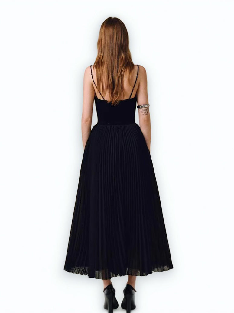 Patchwork Strap Pleated Long Dress
