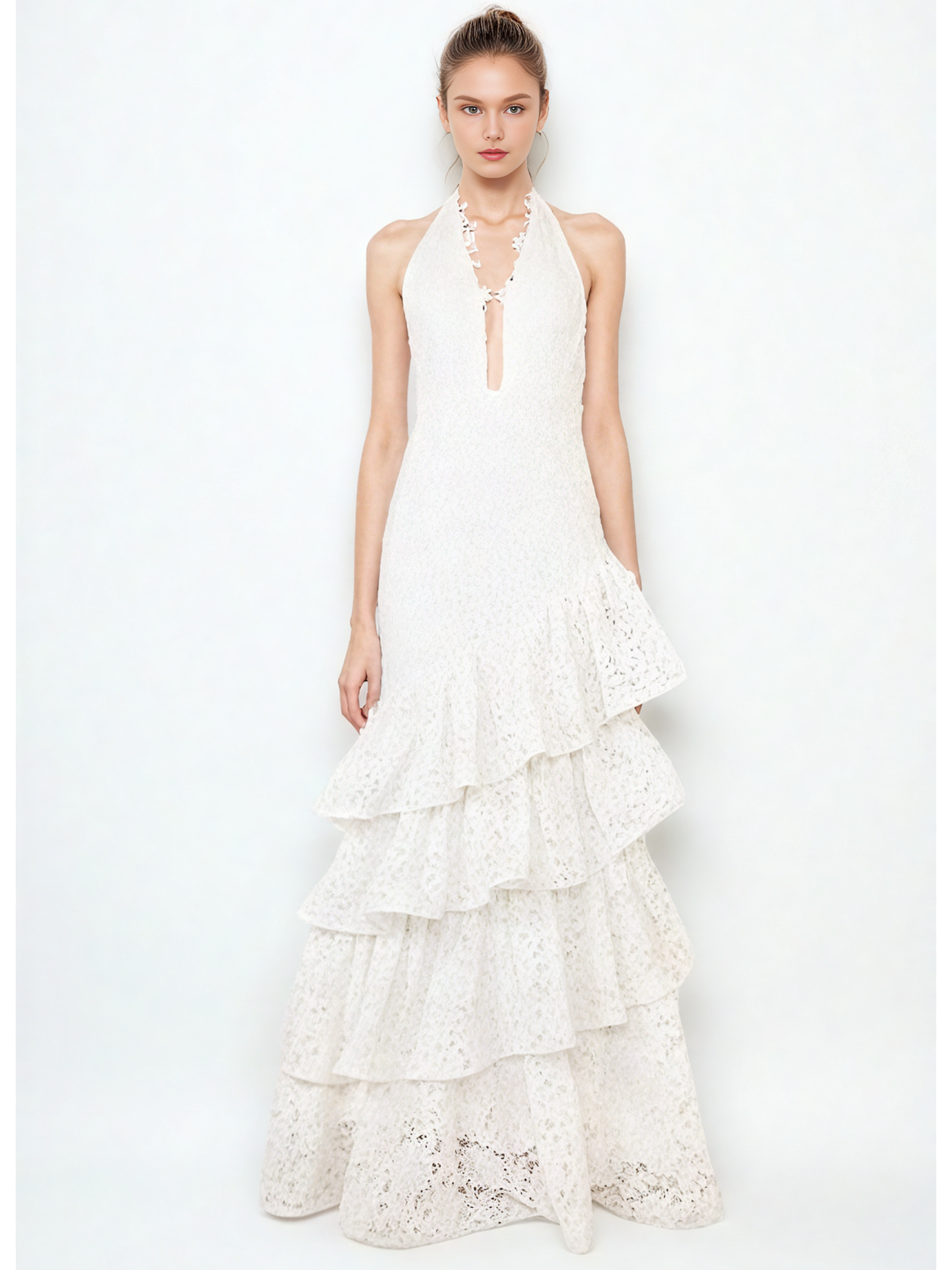 Solid Lace Ruffles Long Dress