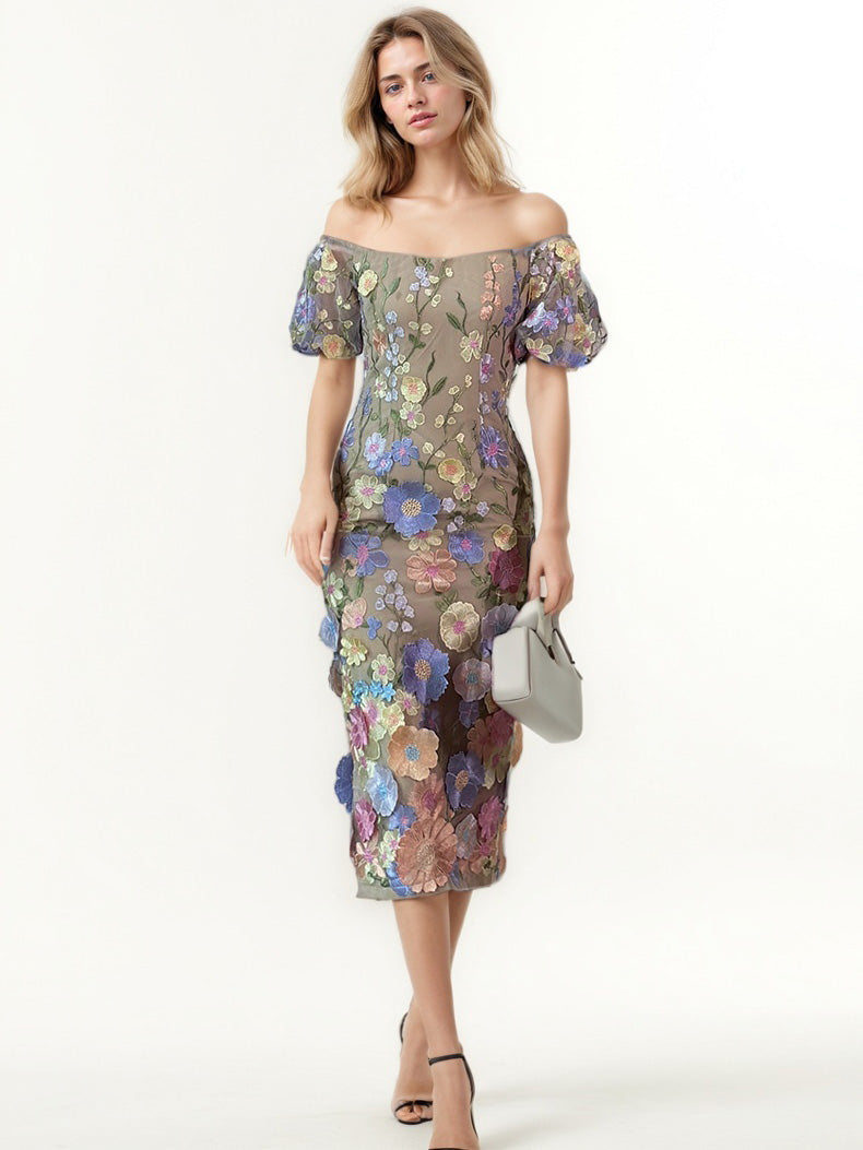 Patchwork Flower Mesh Midi Dress