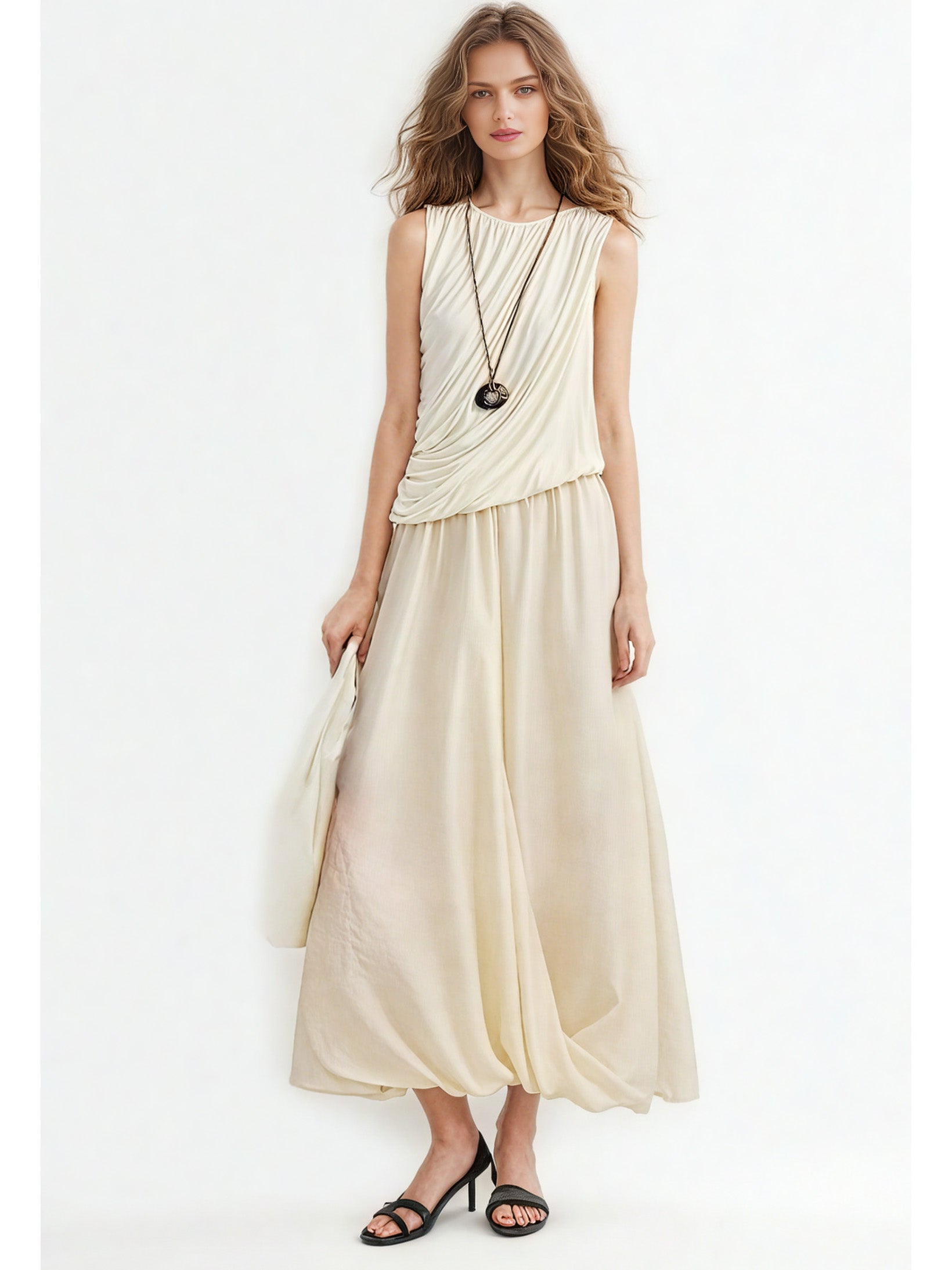 Solid Sleeveless Ruched Long Dress