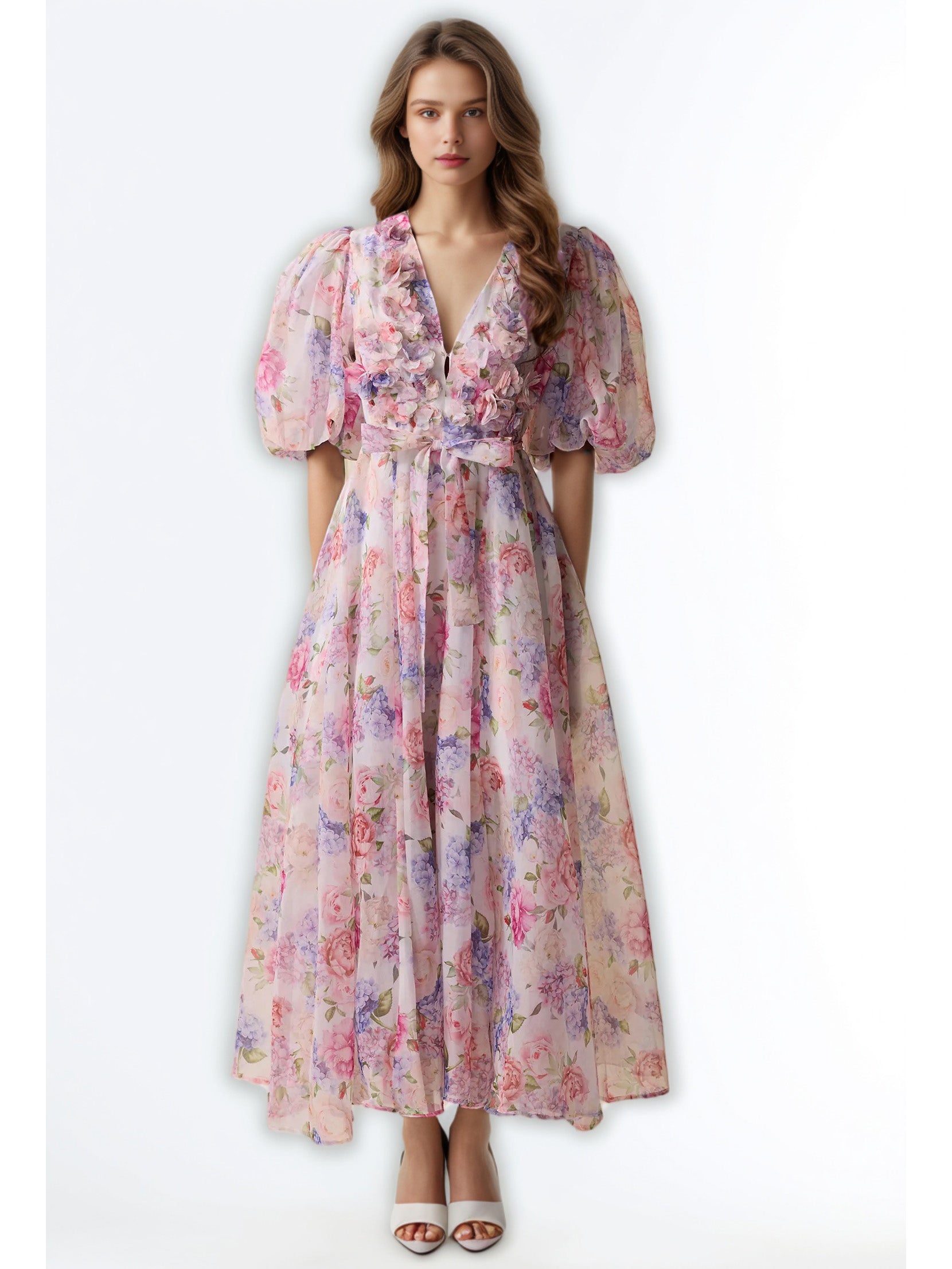 Print V-neck Pleated Long Dress